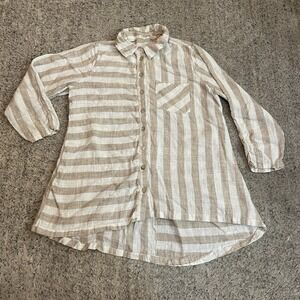 Soft Surroundings Women's MED Carreaux Linen Blend Neutral Blouse Zipped Beige